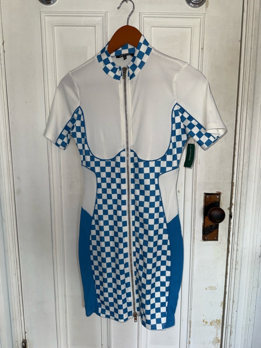 Blue & White Check Zip-Front Bodycon Dress